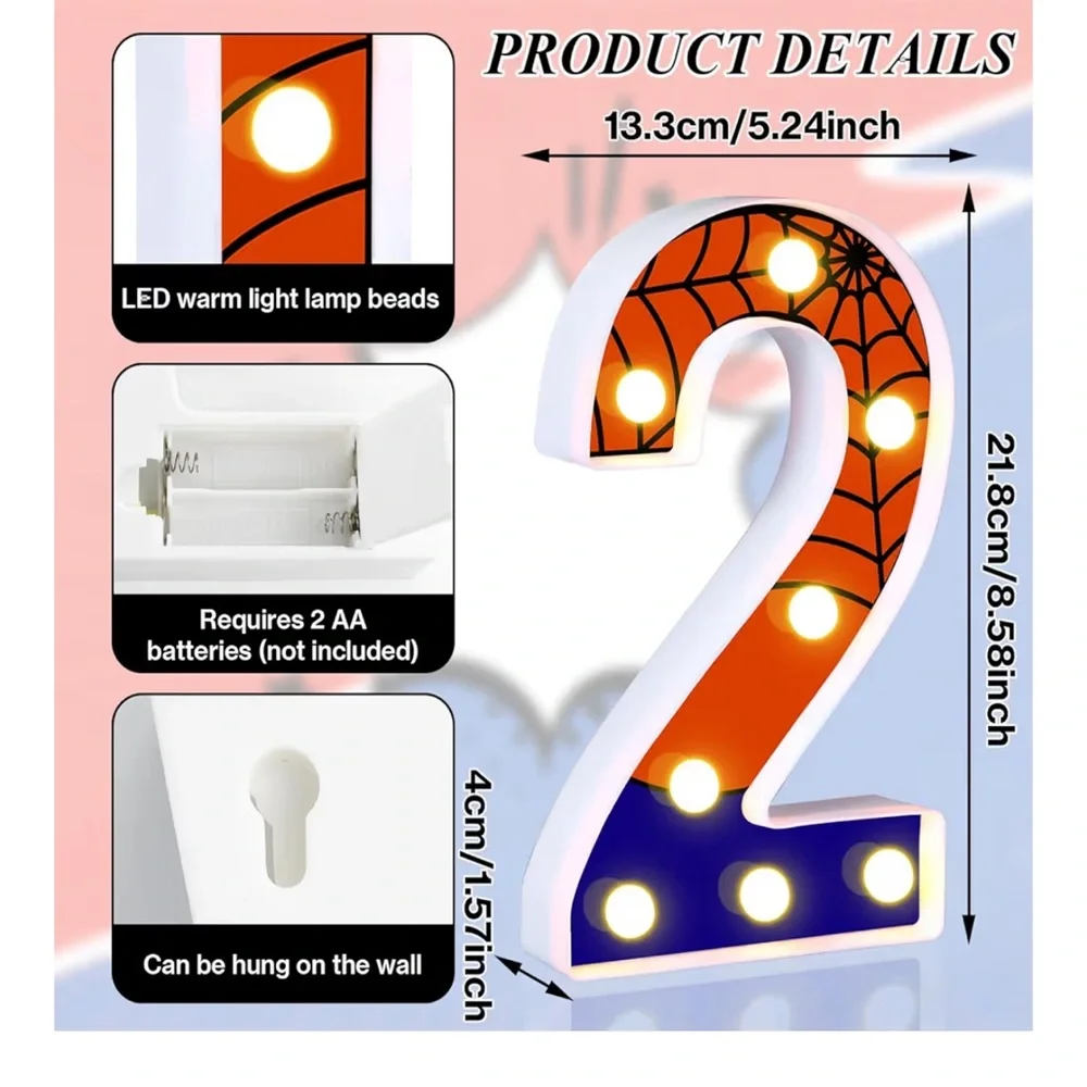 Spider-Themed LED Number 2 Light spider-Man themed party decor Marvel comics nwt